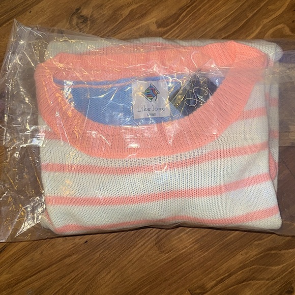 🆕🌿🩵SEW IN LOVE: NEON CORAL/ DENIM L/S Striped Sweater SMALL - Picture 6 of 6